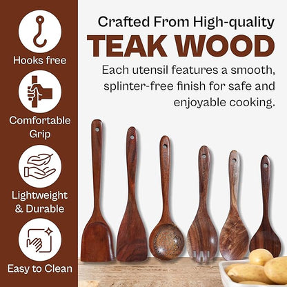 6-Piece Teak Wooden Cooking Utensils Set – Heat-Resistant Spoons & Spatulas | - Image 4