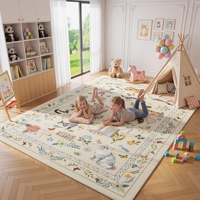 Unirea 9x12 Beige Cat Area Rug for Living Room, Large Soft Washable Kids Rug - Image 6