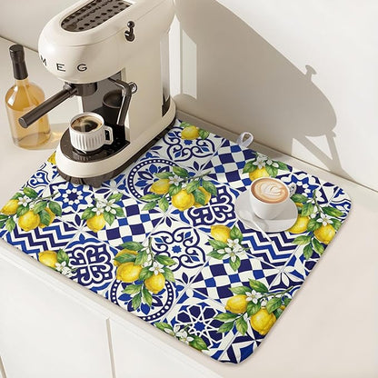 Lemon and Blue Tile Dish Drying Mat 16x18 Inch Absorbent Reversible Mexican - Image 7