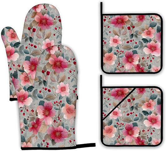 Vintage Pink Cherry Blossoms Oven Mitts and Pot Holders, Heat Resistant Oven by Unknown