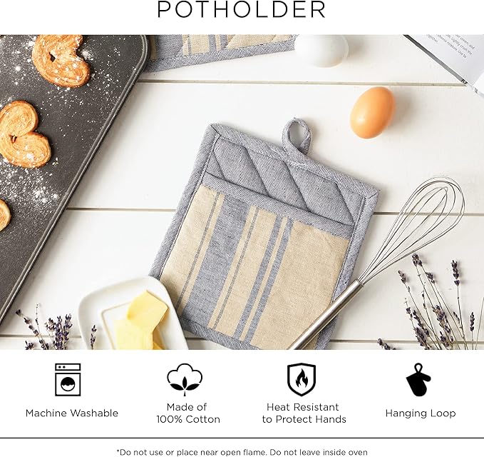 DII 100% Cotton Solid Chambray Kitchen Set, Potholders, 2 Piece - Image 8