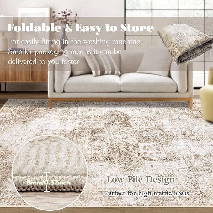 Area Rug 6x9 Washable Rug, Vintage Boho Medallion Rugs Non-Slip Soft Low Pile - Image 7
