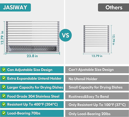 JASIWAY Roll Up Dish Drying Rack, Expandable Stainless Steel Portable Drainer - Image 6