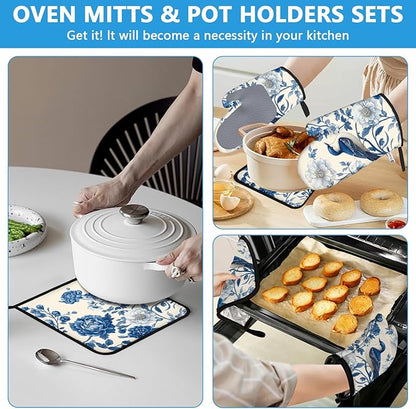 Blue Bird Blooming Flower Oven Mitts and Pot Holders Sets Heat Resistant 4Pcs - Image 6