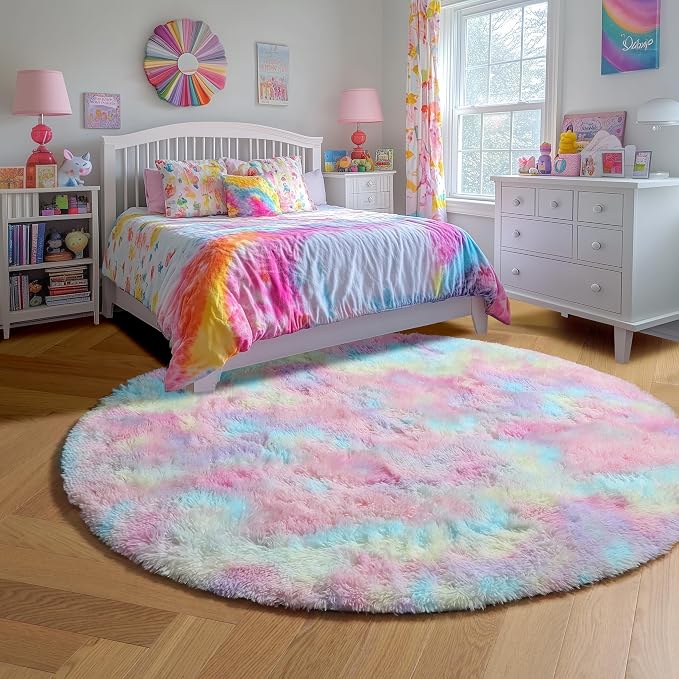 Amdrebio Rainbow Fluffy Round Rug 5Ft Kids Rugs - Image 5