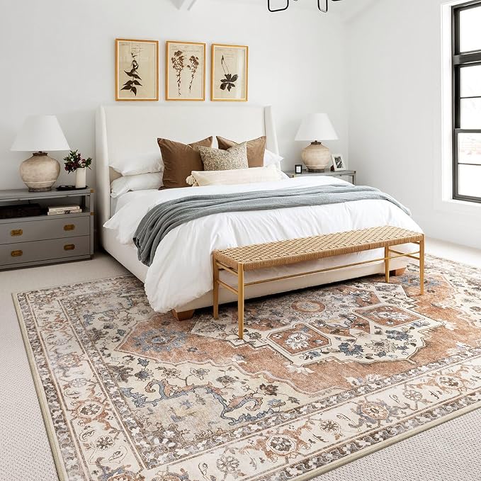 8x10 Washable Area Rug: Vintage Neutral Soft Non Slip Thin Large Floor Carpet - Image 3