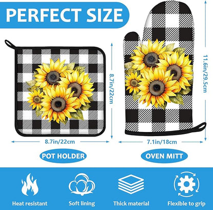 Sunflower Oven Mitts and Pot Holders Sets Heat Resistant 4Pcs Black White - Image 2