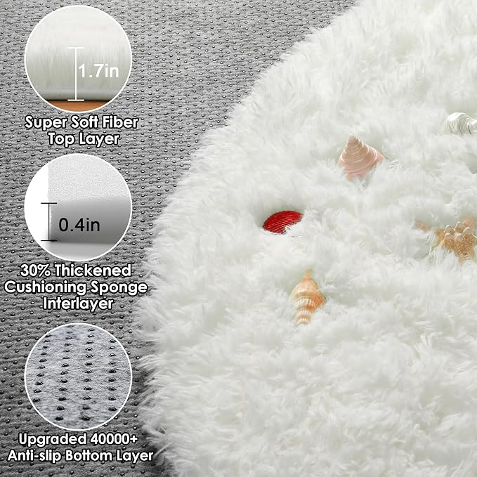 ONASAR Cream White Round Area Rug 4ft, Fluffy Ultra Soft Bedroom Circle Rugs - Image 2