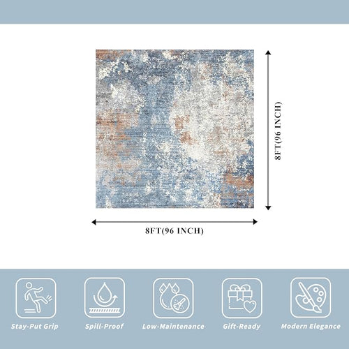 8x8 Square Living Room Area Rug – Washable Modern Neutral Abstract Indoor Rug - Image 2