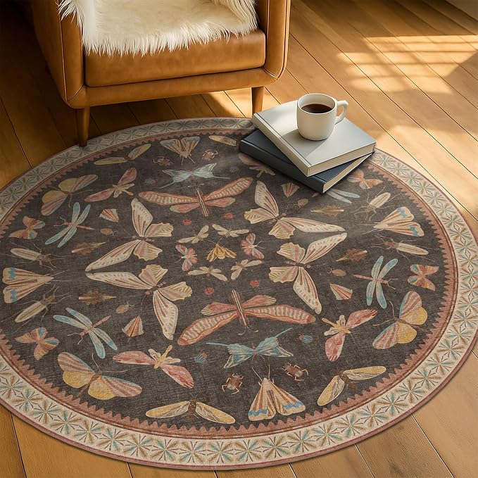 Washable 4ft Round Area Rug for Entryway Indoor, Vintage Brown Circle Rug for - Image 3