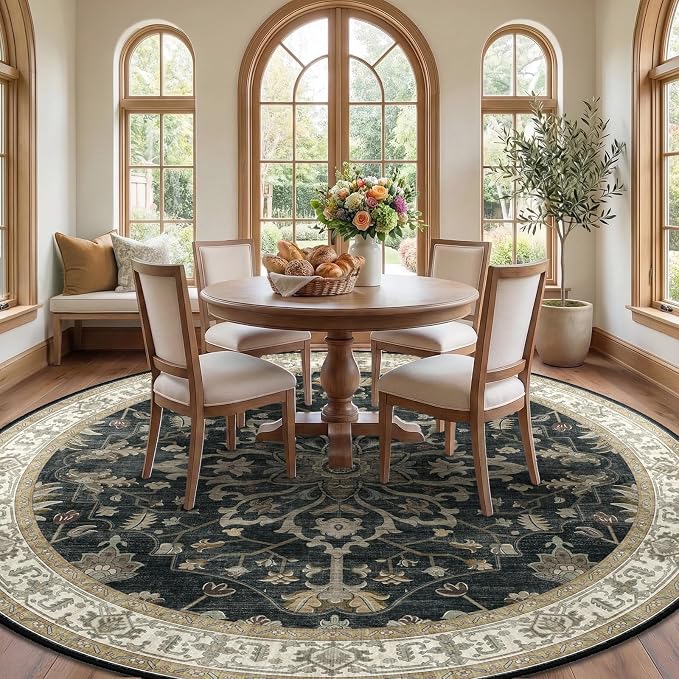 RELEANY Area Rugs Round 8ft Washable Non-Slip, Floral Vintage Distress - Image 2