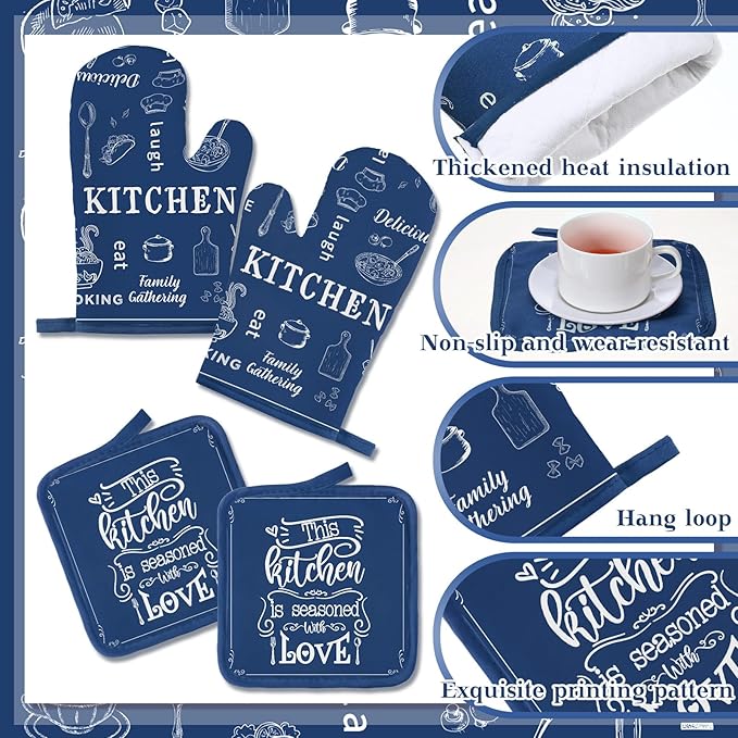 12 Pcs Farmhouse Kitchen Oven Mitts and Pot Holders Decor Sets 4 Blue Kitchen - Image 5