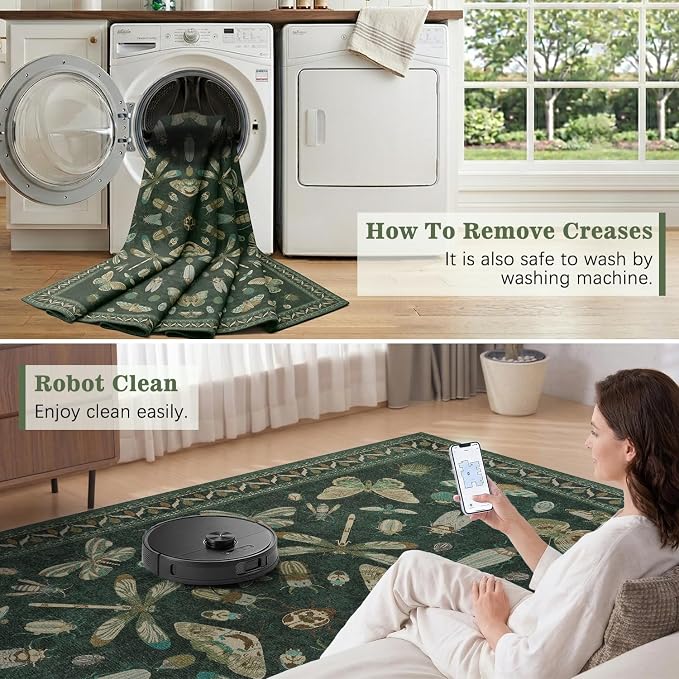 DCX 6x9 Washable Insect Rug, Vintage Gothic Dark Green Rug - Image 5