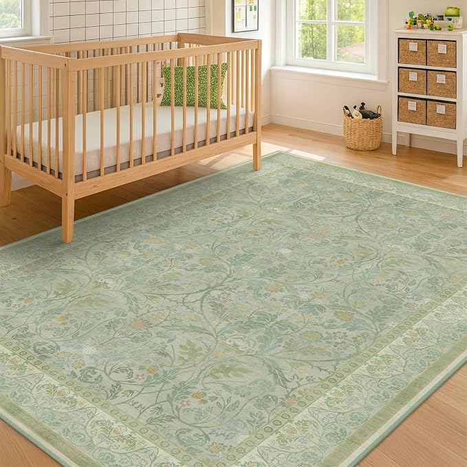 Sage Green Washable Soft Rugs for Bedroom 6x9, Low Pile Cottagecore Floral Area by Evyhood