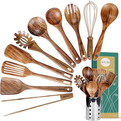 Kitchen Utenails Set with Holder, Kitchen Wooden Utensils by AIUHI