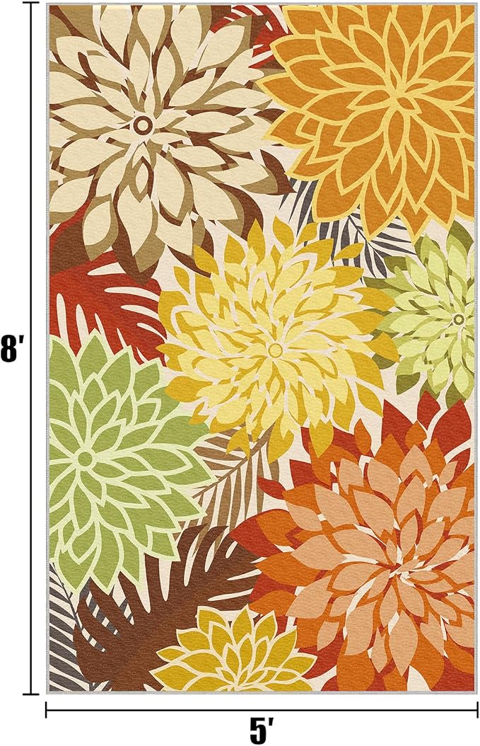 Colorful 5x8 Outdoor Area Rug Washable Multicolored Patio Rug Tropical - Image 2