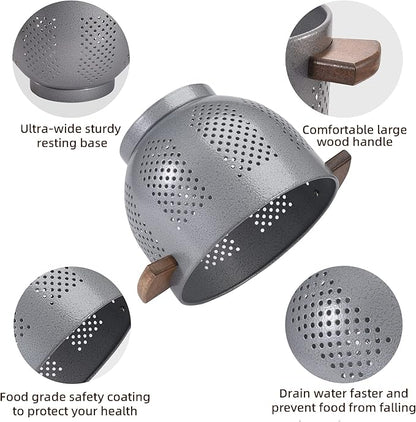 Metal Colander with Wood Handle and Stable Base, Powder Coated Steel Kitchen - Image 5