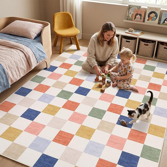 GarveeHome Checkered Nursery Kids Boy Playroom 3x5 Washable Rug Colorful - Image 2