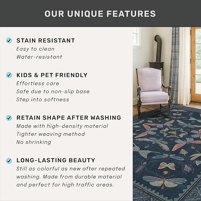 Vintage Dark Blue Insect Moth Runner Rug 3x8, Non Slip Washable Carpet - Image 7