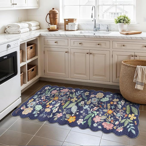2x5 Washable Hallway Runner Rug: Stain Resistant Floral Scalloped Kitchen Rug - Image 2
