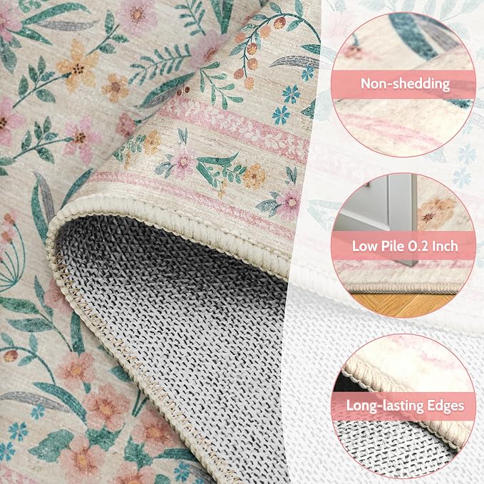 Floral Rug 5x7, Soft Low Pile Cottagecore Carpet - Image 5