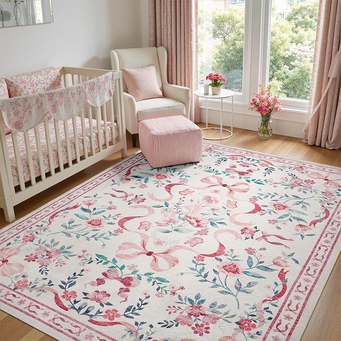 DCX Washable 5x7 Bow Rug, Cute Soft Low Pile Indoor Décor Carpet, Kid & Pet by DCXWashableRug