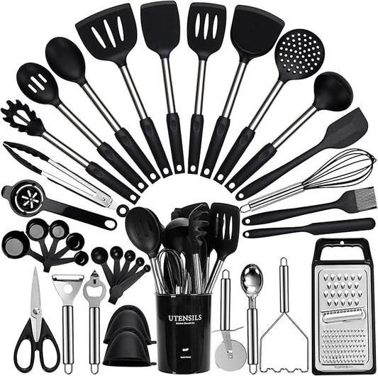 Large Cooking Utensils Set, Stainless Steel Handle Spatula Set, Heat Resistant by Fyvva