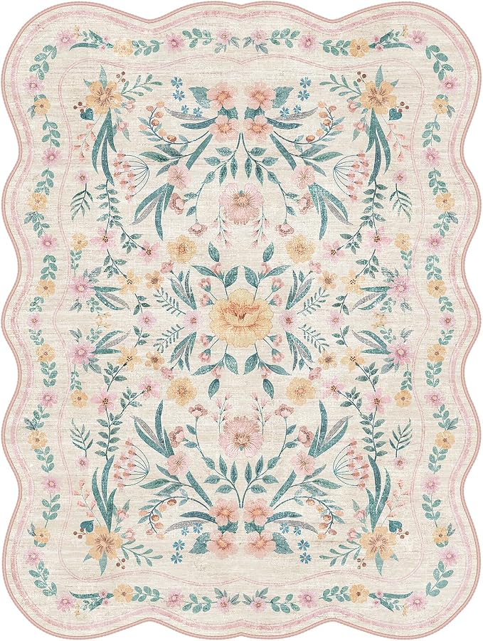 Scalloped Rug for Living Room, 5x8 Pink Floral Rug for Girls Dorm, Washable - Image 6