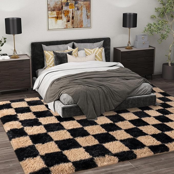 Shag Rugs for Living Room 5x7, Ultra Soft Checkered Black Beige Big Fuzzy Rugs - Image 2