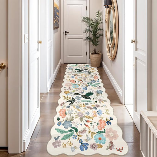 2x10 Washable Hallway Runner Rug: Long Floral Scalloped Soft Runners by HYHAOYUNLAI