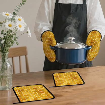 Honeycomb Oven Mitts and Pot Holders Set, Bee Kitchen Decor Heat Resistant Non - Image 7