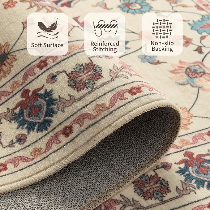Rugxara Pink Rug for Living Room Bedroom, Floral 6x9 Washable Rug, Vintage Boho - Image 6