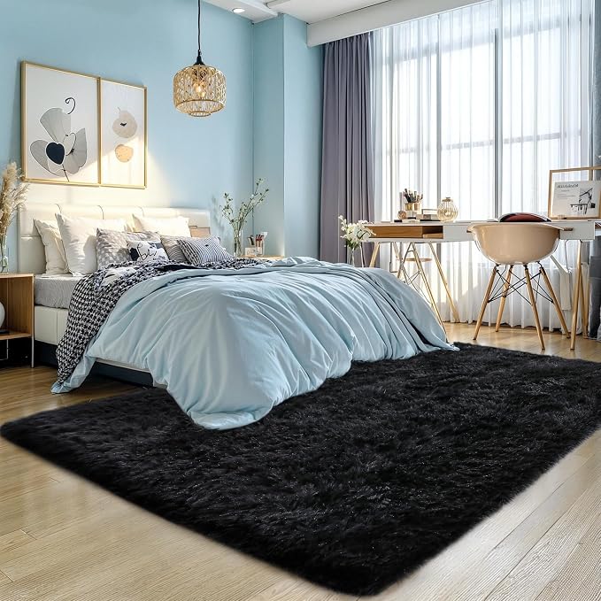 KICHOWUA Thick Area Rug Black Fluffy Shag 6x9 - Image 8