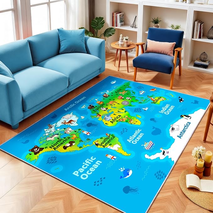 Kids Playroom Rug, 5x7ft World Map Play Mat - Image 9
