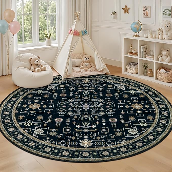 Round Area Rug for Living Room: 8 ft Washable Vintage Boho Soft Thin Circle Rug - Image 5