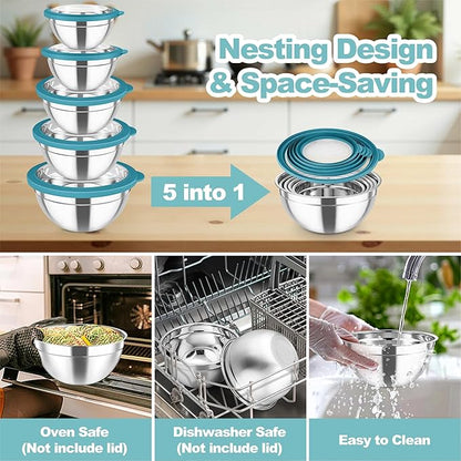 TeamFar Mixing Bowls Set, 4.5/3/1.5/1/0.7 QT Stainless Steel Nesting Salad Bowls - Image 7