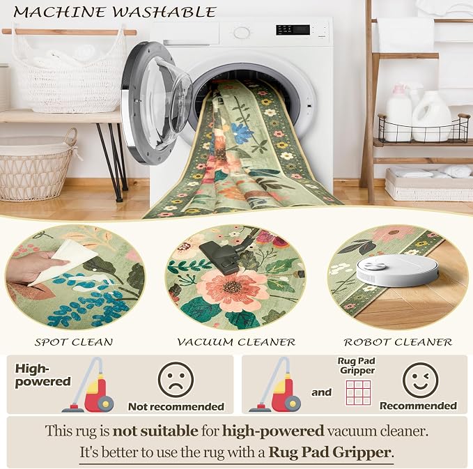 RELEANY Floral 2x8 Area Rugs Washable Print Boho Cute Carpet Non Slip Flower - Image 4