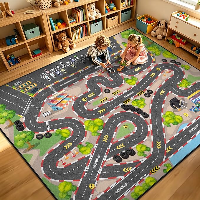 Kids Car Rug Play Mat, 5x7 ft Race Track Road Rug - Image 6