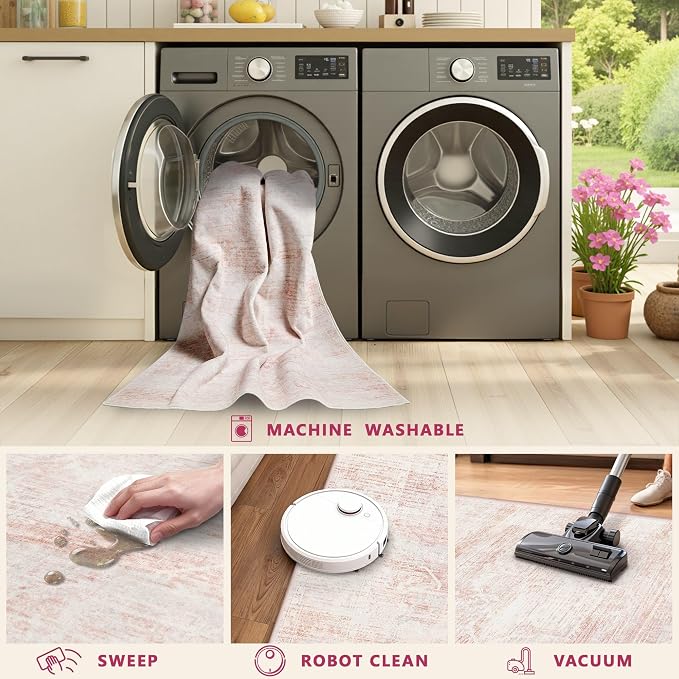 Latte&Fog Pink Washable Kitchen Runner Rug 2.6x8, Non Slip Low Pile Vintage Rugs - Image 8