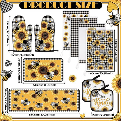Fourluoo 10 Pcs Bee Kitchen Decor Set Kitchen Towels Rugs Oven Mitts and Pot - Image 3