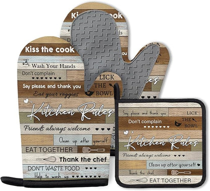 Kitchen Rules Oven Mitts and Pot Holders 3PCS, Funny Kitchen Rules Oven Mitts by Unknown