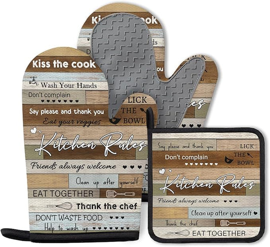 Kitchen Rules Oven Mitts and Pot Holders 3PCS, Funny Kitchen Rules Oven Mitts by Unknown