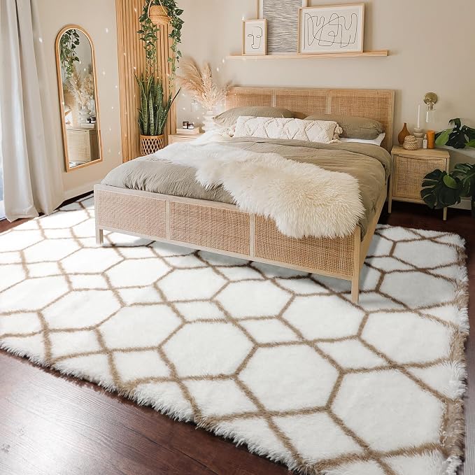 ONASAR 5x7 Area Rugs for Living Room Bedroom, Fluffy White and Beige Faux Fur - Image 5