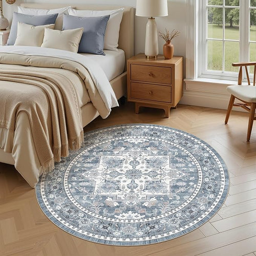 8ft Round Area Rug: Washable Vintage Neutral Soft Non Slip Thin Large Floor - Image 2