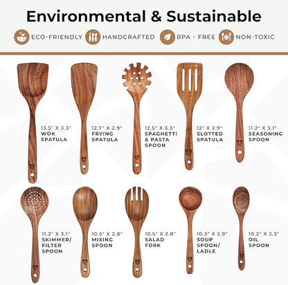 Wooden Spoons for Cooking – 10 Pcs Teak Wood Utensil Set, Nonstick Safe & Heat - Image 4