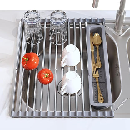 JASIWAY Roll Up Dish Drying Rack, Expandable Stainless Steel Portable Drainer by JASIWAY
