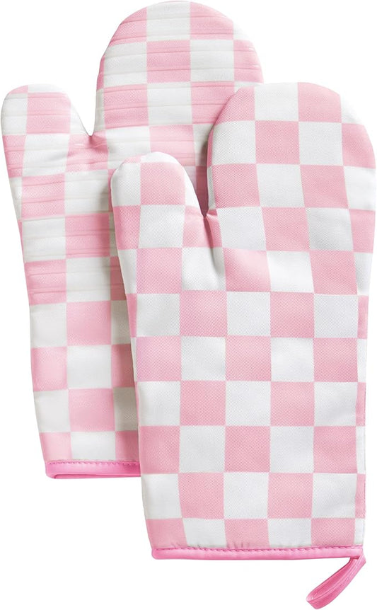Ohocut Pink Checkered Oven Mitts Heat Resistant, Vintage Retro Checkerboard by Ohocut