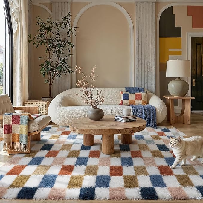 PureCozy Checkered Rug 5x7 for Living Room, Modern Rainbow Shag Rug Super Soft - Image 4