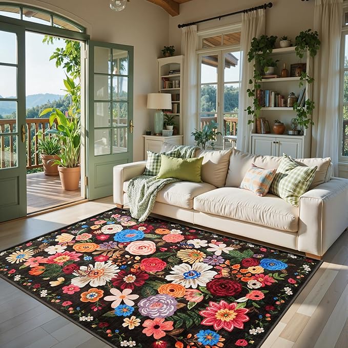 Espresso Area Rugs 10x14 for Living Room, Non Slip Machine Washable Floral Rugs - Image 8