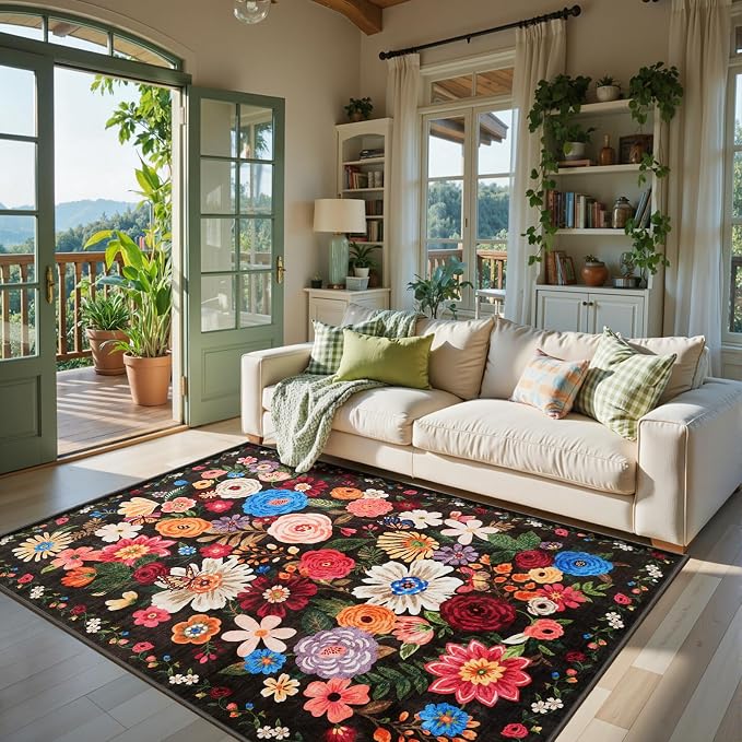 Floral Washable 6x9 Area Rugs Espresso, Soft Bedroom Rug - Image 3